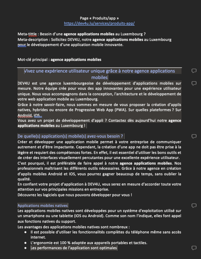 Contenu Page web - DEV4U - MPJB Consulting